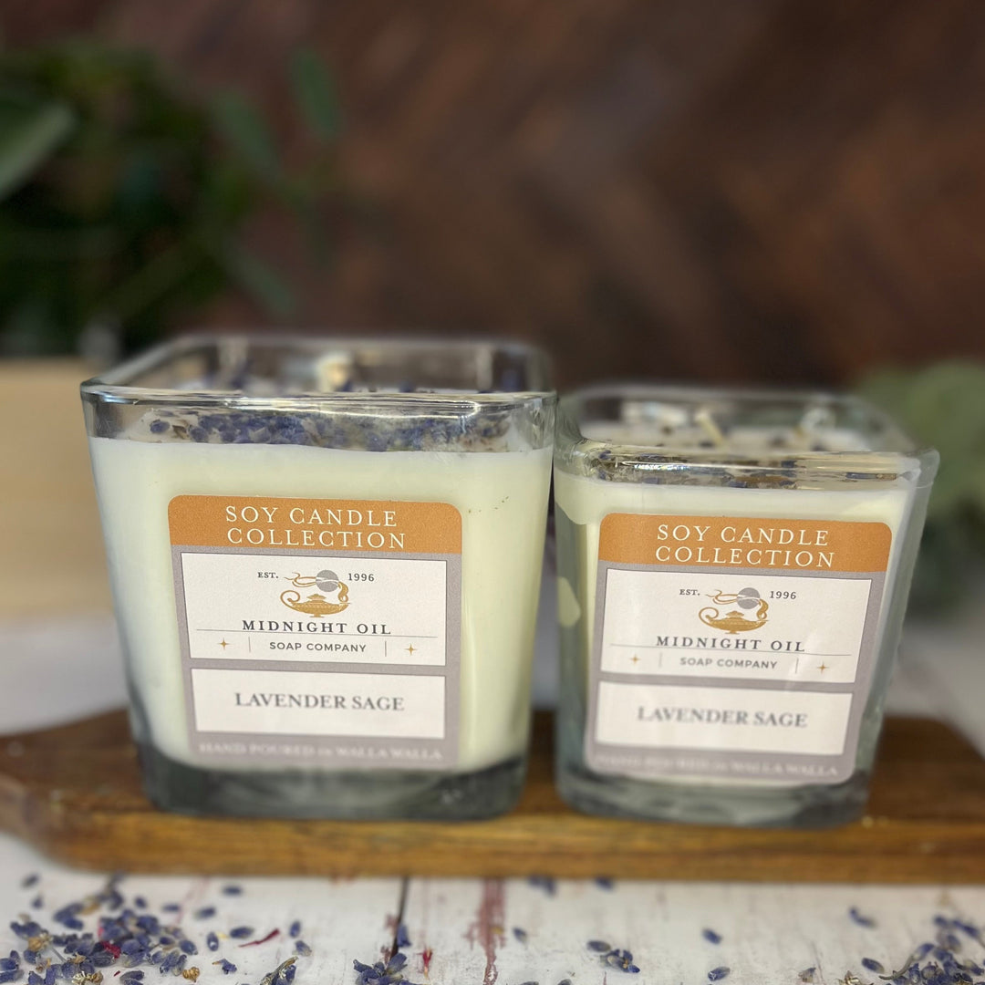 lavender sage soy candle midnight oil soap
