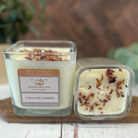 english garden soy candle midnight oil soap