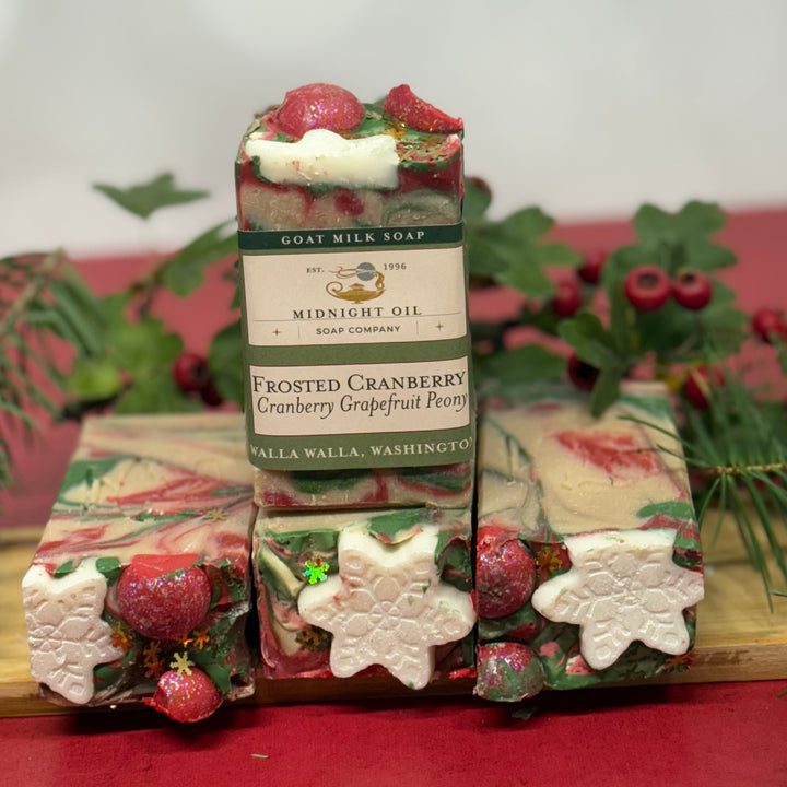 frosted cranberry midnight oil soap goat milk soap christmas soap