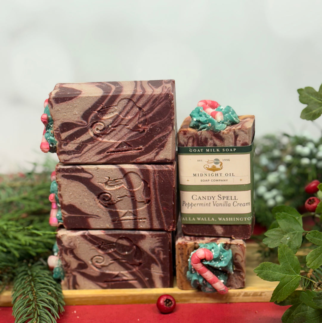 peppermint vanilla goat milk soap midnight oil soap christmas soap