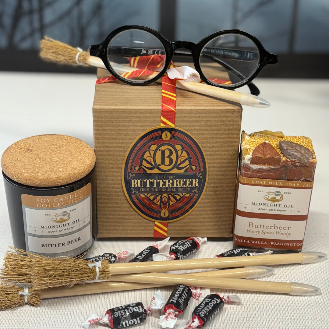 HOGWARTS HOUSES GRIFFINDOR HARRY POTTER SOY CANDLE GOAT MILK SOAP MIDNIGHT OIL SOAP BUTTERBEER