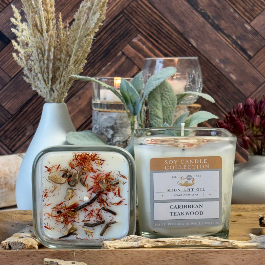 SOY CANDLE CARIBEAN TEAKWOOD MIDNIGHT OIL SOAP