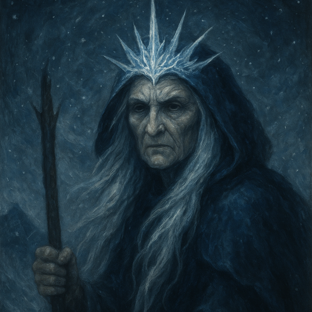 Dark fantasy illustration of a hooded figure with a staff, titled 'Cailleach'.